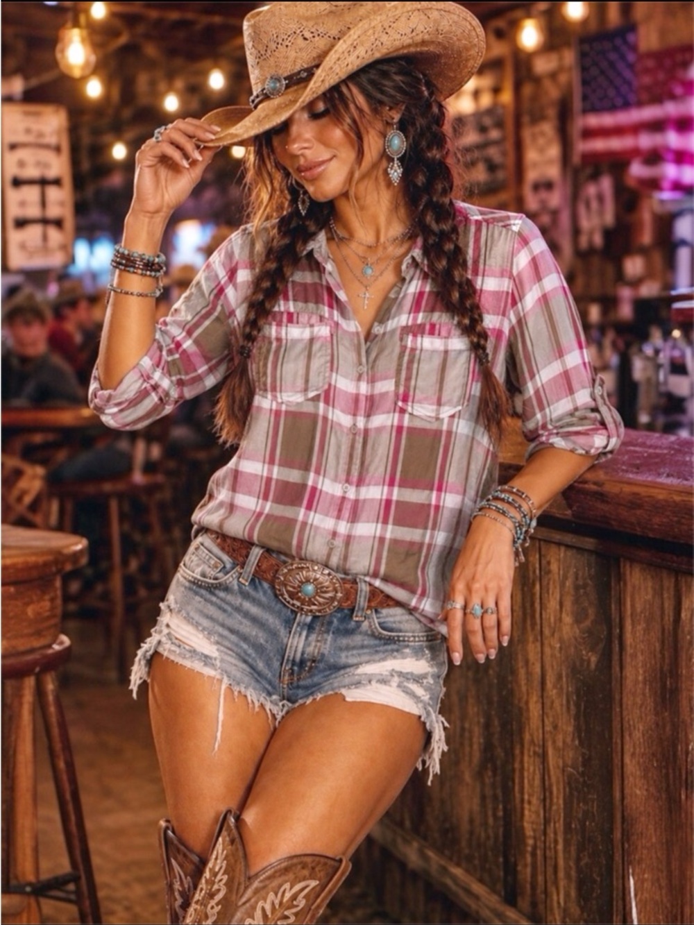 KUT From The Kloth Pink Brown Plaid Hannah Roll Tab Sleeve Button Shirt Size S